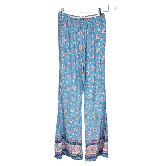 Bohemian Baby Blue Floral Paisley Flare Pants Resortwear Festival Junior's M - Picture 4 of 10